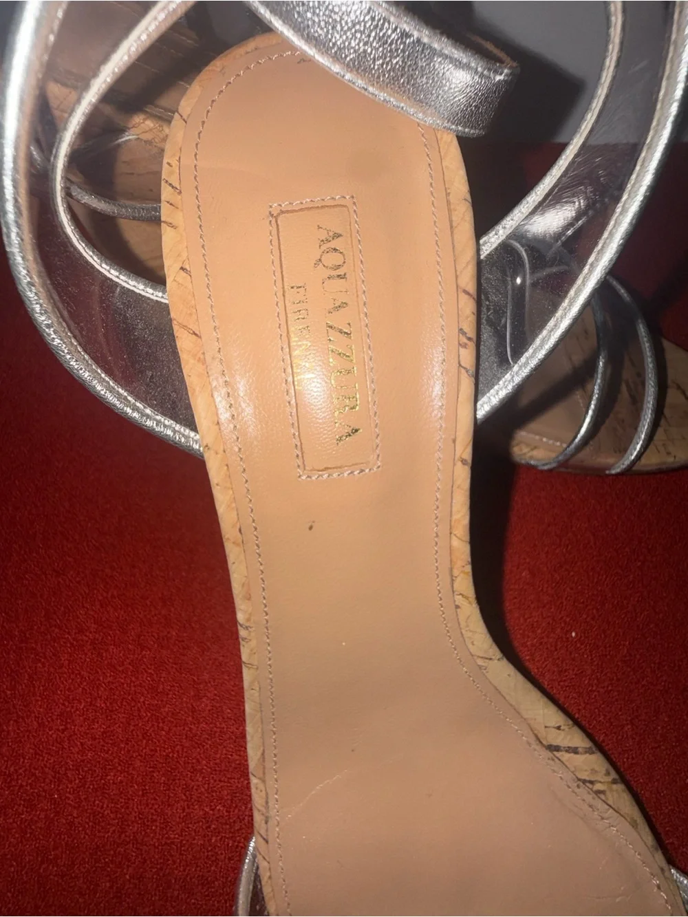 Aquazzura Silver Metallic Cork Wedge Sandals
